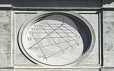 Detail of a sundial present on the facade of the church Editorial Stock Photo